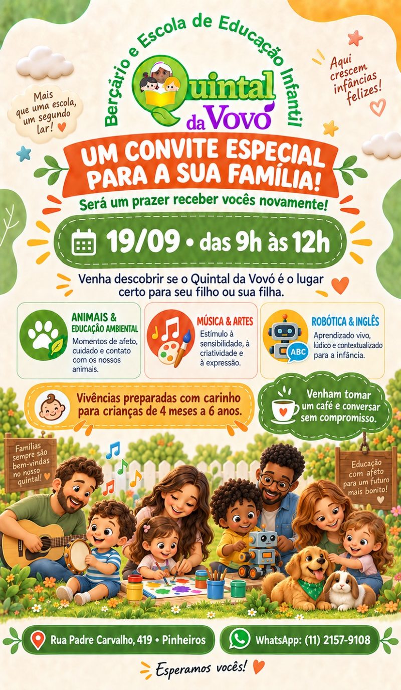 Convite do Portas Abertas na Escola Quintal da Vovó, sábado, 19/09, das 9h às 12h, na Rua Padre Carvalho, 419, Pinheiros